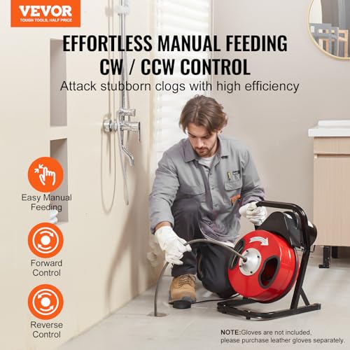 VEVOR Drain Cleaner Machine 50FT x 1/2 Inch, Manual Feed Sewer Snake Auger - with 4 Cutters & Air-activated Foot Switch for 2" to 4" Pipes - style: 50 FT x 1/2''