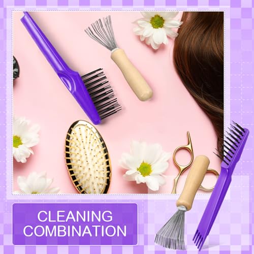Boao 2Pack Hair Brush Cleaner,Purple,Wood Color,Polished Wooden Handle Rake - color: Purple, Wood Color, style: Polished Wooden Handle Rake