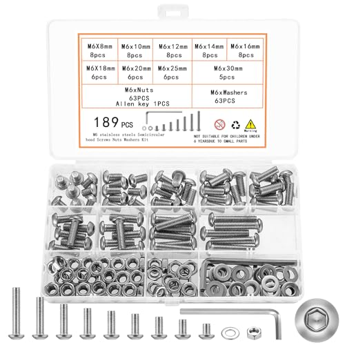 189 Pcs M6 Nuts and Bolts Assortment Kit, Pan Head Machine Screws and Nuts, Hex Button Head Socket Cap Screws Bolts and Nuts and Washers, Stainless Steel Metric Screw Assortment - size: M6