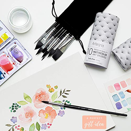 ARTEGRIA Watercolor Brush Set, 10 Soft Synthetic Squirrel Brushes - color: Black - 10pcs