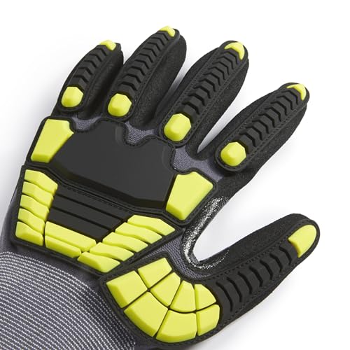 Amazon Basics Safety Work Gloves, Cut Level A1, Abrasion ANSI Level A4, Impact Protection, Touch Screen Friendly, 15G Sandy Nitrile Palm, Abrasion Resistant, Yellow, Size Large, Pack of 120 Pairs - size: Large