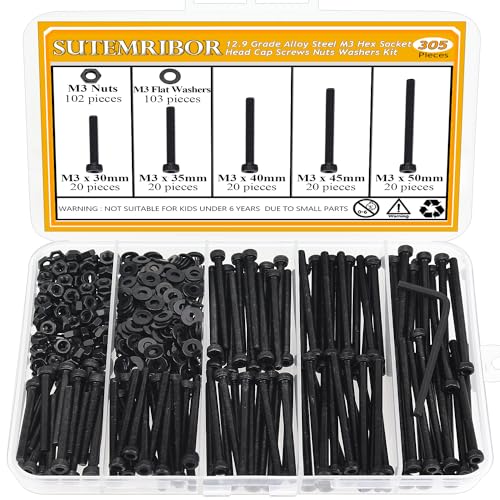 305 Pieces M3 x 30/35/40/45/50mm Hex Socket Head Cap Screws Nuts Washers Set Black, Sutemribor M3 Long Screws, M3 Black Screws Nuts Washers Assortment Kit, 12.9 Grade Alloy Steel, Fully Threaded - size: M3 x 30-50mm, style: Socket Head