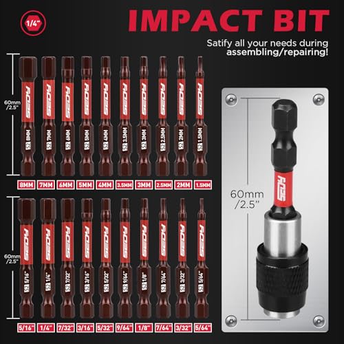 21-Piece 2.5" Hex Head Allen Wrench Drill Bit Set, 1/4" Hex Screwdriver Bits Set with Durable Magnetic Impact Bit Holder, SAE & Metric Allen Key, S2 Steel, Mechanic Home Repair - color: 21 Pcs 2.5" Hex