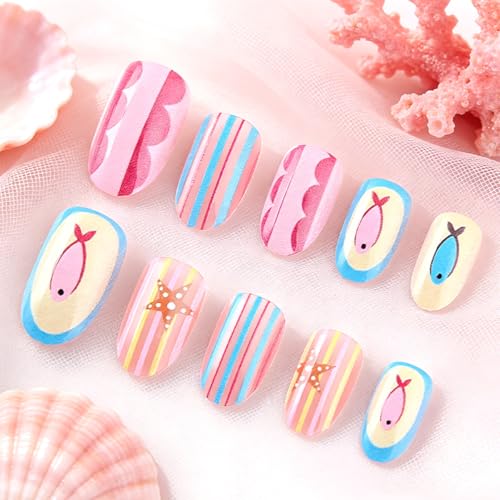 Summer Press On Nails Short Almond Colorful with Starfish Fish Stripes - color: Style15