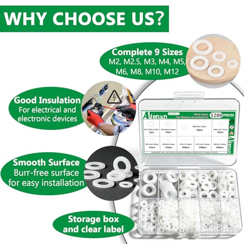 1200PCS White Nylon Washers Assortment Kit, Nylon Flat Washers for Bolts, 9 Metric Sizes Rubber Washers for Screws -M2, M2.5, M3, M4, M5, M6, M8, M10, M12 - size: WHT M2-M12 (1200PCS), style: Nylon Washer