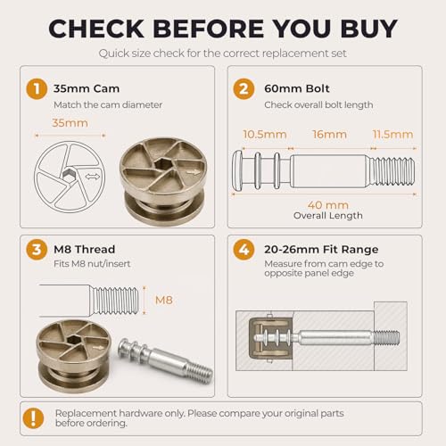 35mm Spiral Cam Lock Set M8 x 60mm Bolt, 8 Pack with Allen Key, for Bed Frame Wardrobe Cabinet Repair