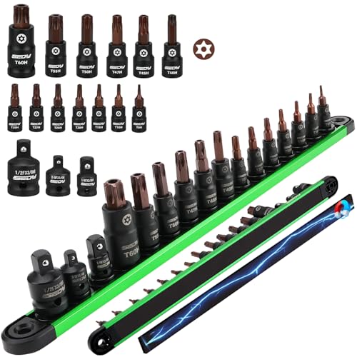 16 - Piece Tamper Proof Torx Star Bit Socket Set – T8-T60, 1/4", 3/8", 1/2" Drive with Magnetic Organizer, Includes Adapters for Garage & Workshop Use - color: 16pcs Torx T8–t60 +Mag Rail