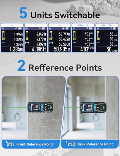 Laser Measuring Tool 165ft, RockSeed S2C Red Beam Laser Measure with Rotatable HD IPS Color Screen, 12 Measurement Modes, 3 Leveling Modes, 5 Units Switchable, for Stake Marking - color: Green Laser