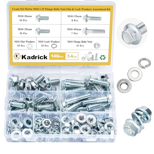 Kadrick 140Pcs Flange Hex Bolts and Nuts Kit,M10 x1.25（M6-1.0 M8 x1.25 Available） (20mm to 45mm) Metric Bolt Assortment,Alloy Steel Class 8.8 Zinc Plated - size: 140Pcs M10 FLANGE HEX Zinc