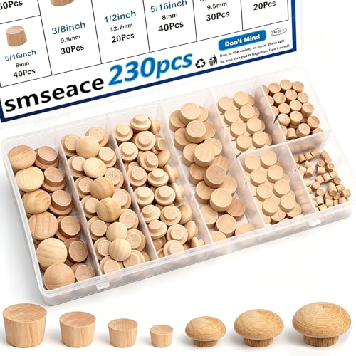 smseace 230Pcs 7-Sizes Wood Plugs 3/16" 5/16"，3/8"，1/2" Wooden Hole Plugs for Holes in Furniture/Table and Chair Legs/Cabinet Reserved Holes/Outdoor Equipment Wood Plugs Assortment Kit - style: Button+Round Wood Plugs