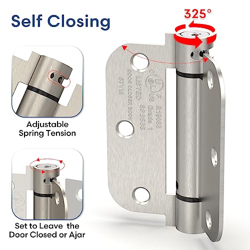 1 Pack 3.5 Inch Self Closing Door Hinge, Satin Nickel | Spring loaded; adjustable tension; 5/8" radius corners; UL listed; for front and back doors; left or right hand swing - color: Satin Nickel, size: 3.5" (1 Pack)
