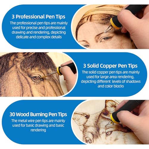 FIRElood LH55-Z2-NS3 wood burning pen Wood Burning Tool Pen 200~750℃, Wood Burning kit with Digital Thermometer,3 pyrographic Wood Burning pens, 3 solid copper pen tips, 33 Wood Burning Pen Tips
