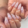 Mivota Luxury Soft Gel Press On Nails Medium Almond Nude Pink Jelly with 3D Butterfly & Pearl Design, Reusable Glue On Fake Nails for Women, Salon Manicure Set 24PCS - color: 3D-71 Light Purple Gradient