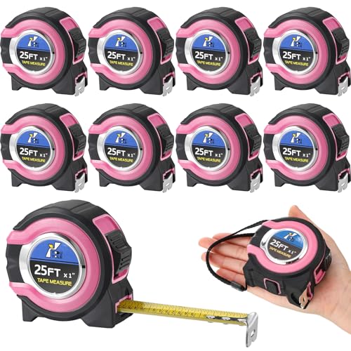 Youyole 10 Pack Tape Measure with Fractions 1/8 Steel Measuring Tape Retractable Easy Read Measurement Ruler Steel Power Blade (25 ft X 1 in,Pink) - color: Pink