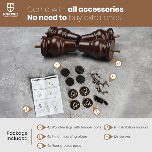 4 inch Solid Wood Bun Feet Walnut 4-Pack with Pre-drilled M8 Bolts - color: Walnut