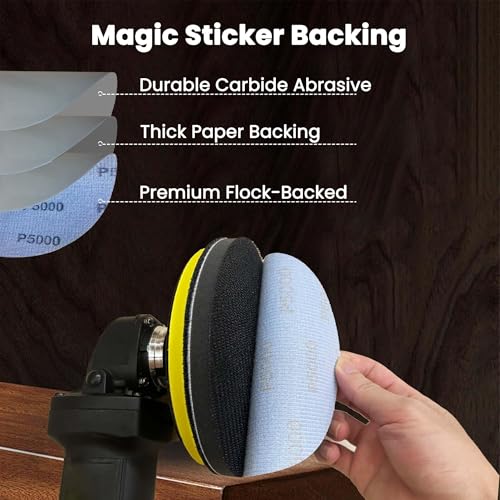 5 Inch 51pcs Wet Dry Sanding Discs Hook and Loop Foam Backing Pad, Waterproof Sandpaper Silicon Carbide for Random Orbital Sander, Automotive Wood Metal Polishing & Sanding 180-5000 Assorted Grit