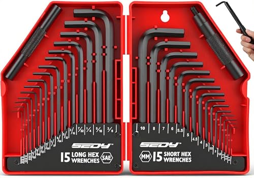 SEDY 32-Piece Hex Key Wrench Set, Metric and SAE Allen Wrenches (0.028-3/8 inch, 0.7-10 mm) L Shape Allen Keys, Chrome Vanadium Steelwith 2x Extension Handle - style: 32-Piece Standard Set (L-Key)
