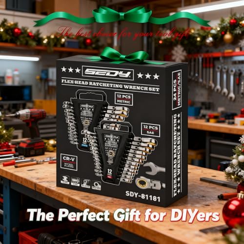 Premium 24-Piece Flex-Head Ratchet Wrenches Set with Magnetic Organizers, Metric SAE 8-19mm 1/4"-7/8", Cr-V Ratcheting Wrenches with 72 Teeth 180° Flex Head, Ratchet Combination Wrench Set for Repair - style: 24-Piece Flex-Head (SAE & Metric)