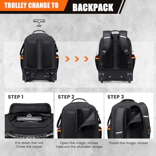 AUROPEAK Rolling Tool Backpack, 63 Pocket Heavy Duty Tool Bag with Wheels - size: 1.38" Wheel