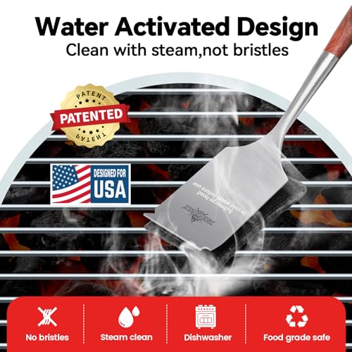Bristle-Free Steam Cleaning Grill Brush Kit – Luxurious Long Rosewood Handle, Includes 1 Replacement Head – Safe BBQ Grill Cleaning for Outdoor Grill – Great Gift for Men/Dad - color: Steel Fibers Steam Brush
