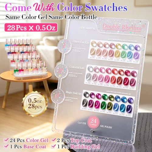 Double Rhythm 28Pcs 0.5Oz Glass Cat Eye Gel Nail Polish Set Same Color Same Bottle Magnetic Jelly Gel Polish Kit Nail Art Manicure Salon DIY at Home (Nude Pink Blue Green-T24-10) - color: Magnetic Red Pink Silver