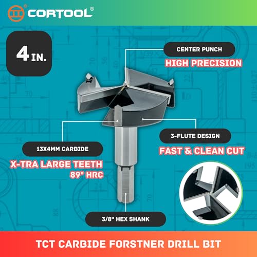 4 Inch Forstner Drill Bit, Triple-Flute Carbide Tipped Forstner Bit for Hard Wood, Soft Wood, Veneered Plywood, Plastic, Drilling Hole Saw Woodworking Hinge Cutter Tool - style: 4 Inch