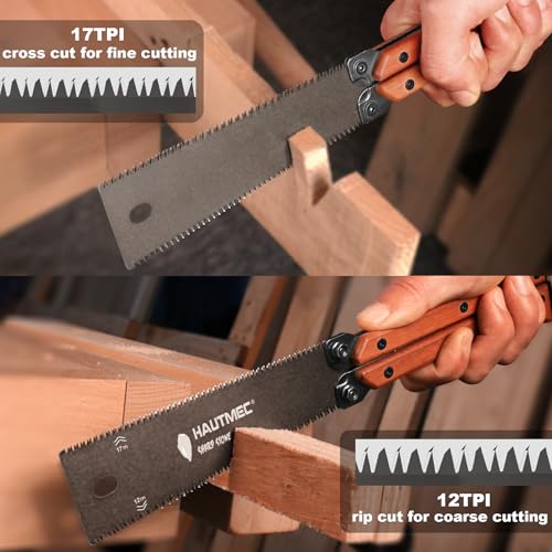 HAUTMEC Folding Japanese Pull Saw, 6-Inch Double-Edged Hand Saw with SK5 Blade (12/17 TPI), Beech Wood Handle & Storage Pouch – Compact Flush Cut Handsaw for Woodworking & Precision Cuts – HT0446