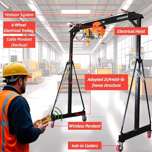 Electrical Gantry Crane 2000 LBS - 8.53 FT Wide，Adjustatable Crane with Electrical Hoist, Garage Crane 1T with Manual Hoist, Trolley, Scale, Sling, Shackle, Hook, Hammerlock Coupling (8.5 FT Width)