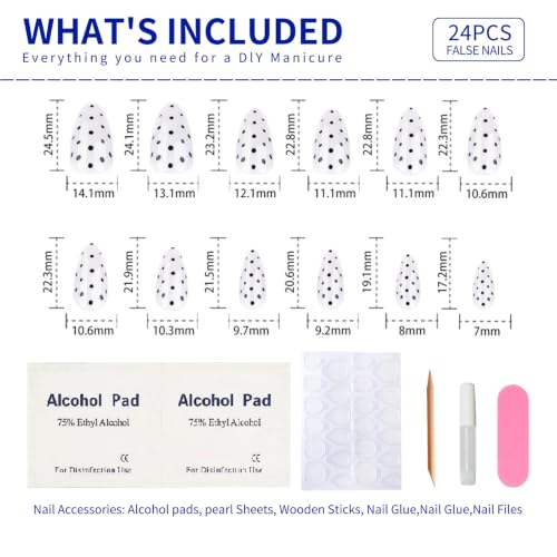 White Medium Short Almond Press On Nails, Black Polka Dots, 24PCS - color: 56-Dots Charm