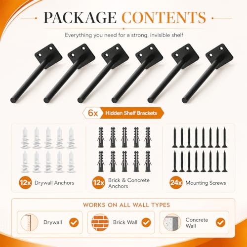 Floating Shelf Brackets, 8 inch Hidden Shelf Brackets Heavy Duty Blind Shelf Support, 150LBS Load Capacity, 6 Pack Floating Shelf Hardware for DIY Wood Wall Floating Shelves - size: 8 Inch