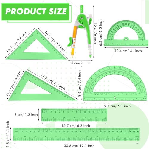 Zonon 7 Pcs Geometry Math Set with Compass Protractor Rulers, Green - color: Green