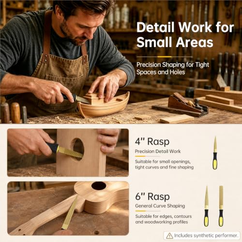 5 PCS High Carbon Steel Golden Wood Rasp, Double Sided Tapered and Half Round Rasp File, 4"-6"-8"-10" for Woodworking/Carving/Sharping with Rubber Handle