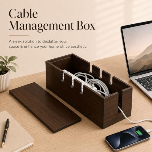 Large Cable Management Box, Wooden Cord Organizer Box with Lid