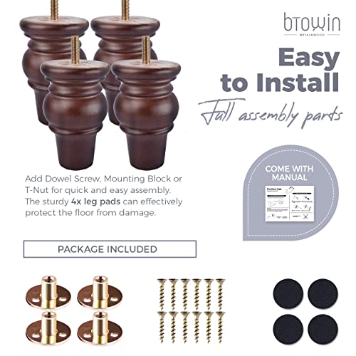 4 inch Solid Wood Bun Furniture Legs, 4Pcs with M8 Bolts, Walnut - color: Walnut