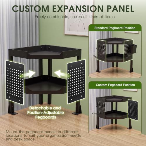2-Tier Metal Clamp On Desk Shelf, Desk Organizer with 2 Pegboards and Hooks | Heavy Duty Corner Desk Shelf with Removable Pegboards Headphone Holder Pencil Cup and Hooks for Desk organizers Accessories