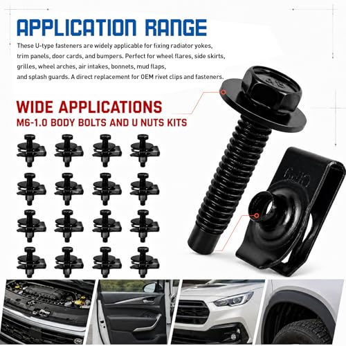 100PCS Automotive Body Bolt & U Nut Kit, M6-1.0 Hex Head Screws with Extruded U-Nuts Clips, Fender Liner, Splash Shield, Engine Under Cover, Bumper & Hood Fastener Assortment (50 Sets) - color: Black M6 x 1.0