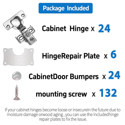 Cabinet Hinges - 24 Pack for 1/2 Inch Overlay Cabinet, Face Frame Concealed 105Deg Self Closing Hinges, Stainless Soft Close Cabinet Door Hinges with Mounting Screws and Repair Plate