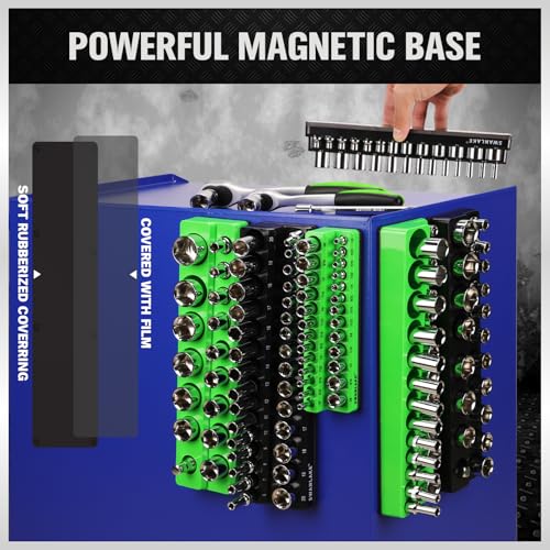 Magnetic Socket Organizer Holder Tool: 8PCS Set includes 2PCS 1/4", 4PCS 3/8", 2PCS 1/2" Drive Socket Storage Trays Toolboxs, Holding 199 Slots Soft Rubber Covering Black Green (sockets not included) - style: 8PCS Green/Black