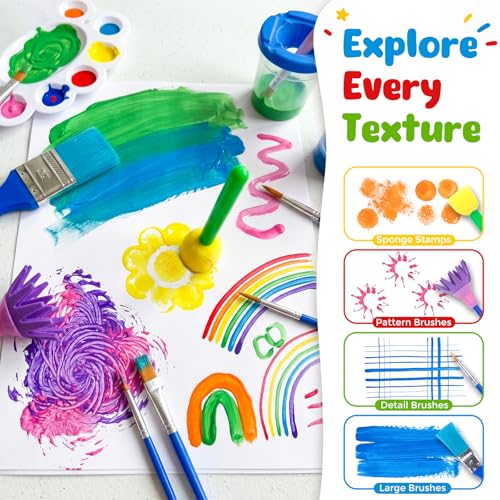 BigOtters 45PCS Kids Paint Brushes Set with Spill Proof Cups & Palettes