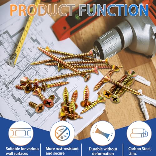 M4 Wood Screws Assortment Kit 340 PCS, Phillips Flat Head, Yellow Zinc Plated Steel, Sheet Metal Screws, Self Tapping, Full Threaded, 7 Sizes in Total (12mm/14mm/16mm/20mm/25mm/30mm/50mm)