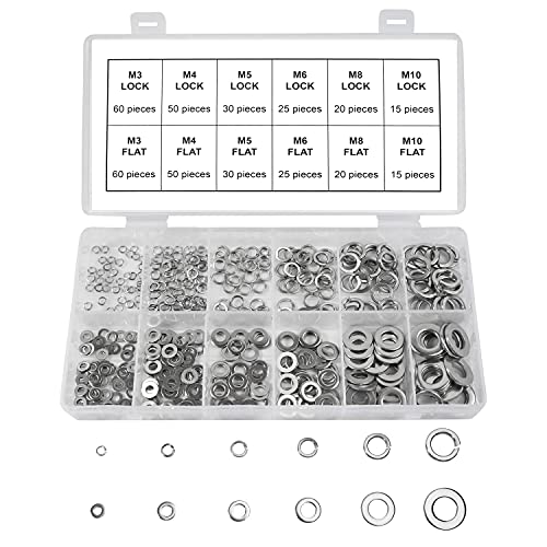 Split Lock and Flat Washer Assortment Set 304 Stainless Steel 400 Piece Silver, M3 M4 M5 M6 M8 M10 (Silver)