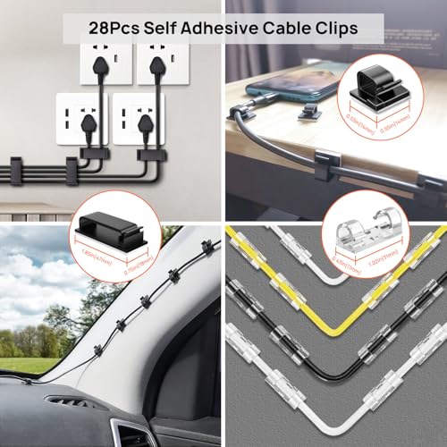 Cable Management Kit - 4 Cable Sleeve, 28 Self Adhesive Cable Clips, 29 Cord Holders, 10+2 Roll Cable Organizer Straps and 100 Fastening Cable Ties for TV Computer Under Desk (Black)