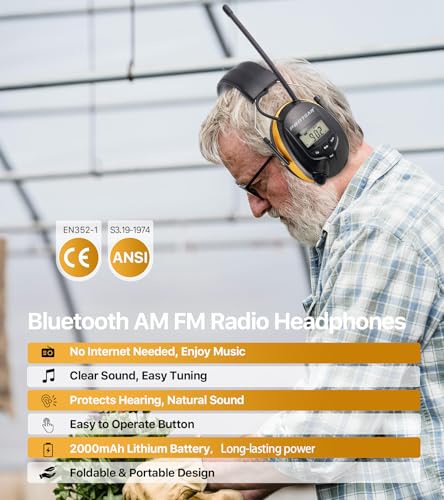 AM FM Radio Hearing Protection Earmuff, Bluetooth 5.4, 30SNR - color: Am/Fm+ Bluetooth-yellow