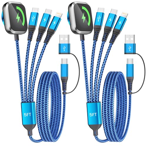 Multi Charging Cable for iPhone iWatch Charger with Dual Type-C Ports, 5FT - color: Blue_2, size: 2PCS&5FT