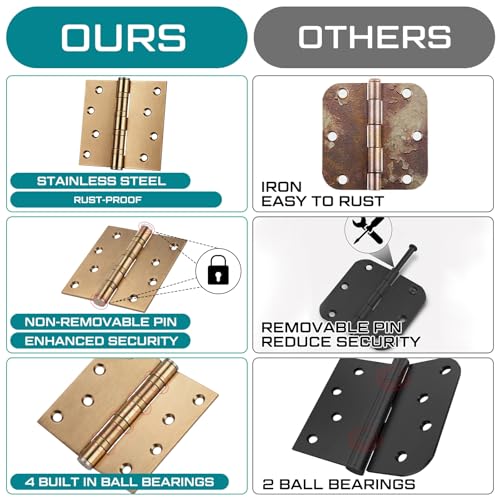 6 Pack Brass 4'' Ball Bearing Door Hinges, 4 x 4 Inch Exterior Door Hinge - color: Brass