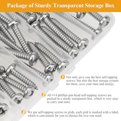 45 Pieces #14 x 3/4" 1" 1-1/4" 1-1/2" 2" Wood Screws Set, Phillips Pan Head #14 Self-Tapping Screws Assortment Kit, 304 Stainless Steel - size: #14, style: Phillips Pan Head