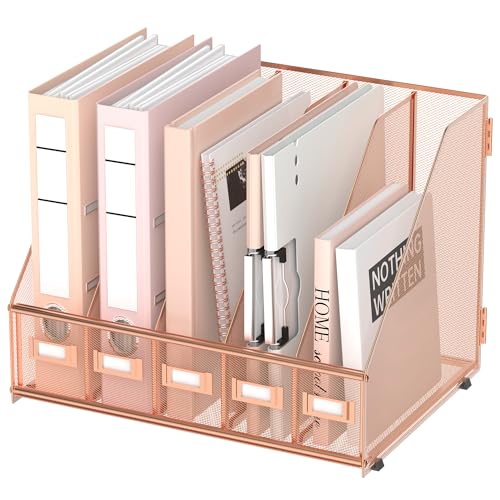 SUPEASY Desk Organizers Metal Desk Magazine File Holder with 5 Vertical Compartments Rack File Organizer for Office Desktop, Home Workspace, Rose Gold, Plus - color: Rose Gold, size: Large