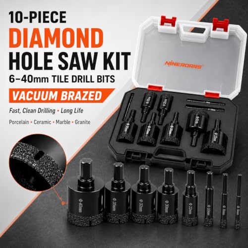 Diamond Hole Saw Kit, 10-Piece 6-40mm Tile Drill Bits for Ceramic
