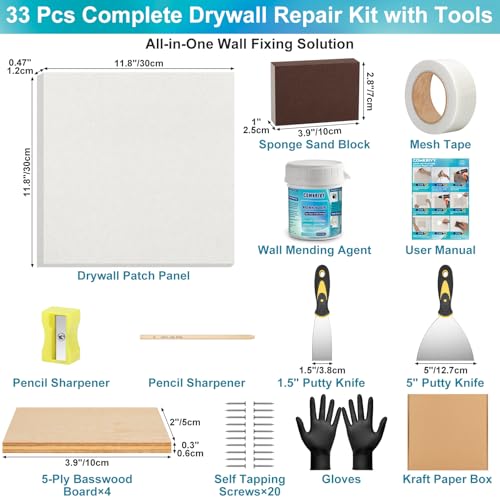 Drywall Repair Kit with 12"x12" Dry Wall Repair Panel, 33-in-One Drywall Patch Kit Wall Patch Repair Kit with Spackle, Mesh Tape, Putty Knives & Sanding Block for Wall Surface Ceiling Large Hole Fill - style: 1 Bottle Wall Repair Agent