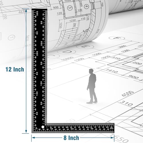 Professional 8x12 Inch Carpenter Square - Heavy-Duty Carbon Steel Framing Tool with Dual-Scale (Imperial/Metric), Rust-Resistant Right Angle Ruler for Carpentry, Roofing & Layouts - color: Black